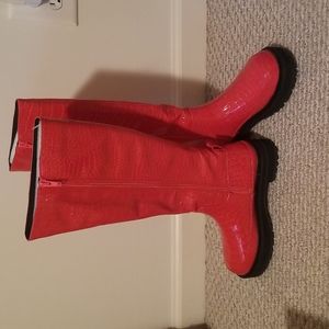 Urban Outfitters Patent Orange Crocodile Print Tall Zipper Boot